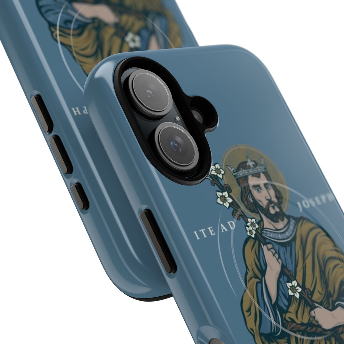 Magnetic Catholic phone case featuring the "Ite Ad Joseph" design - Detail