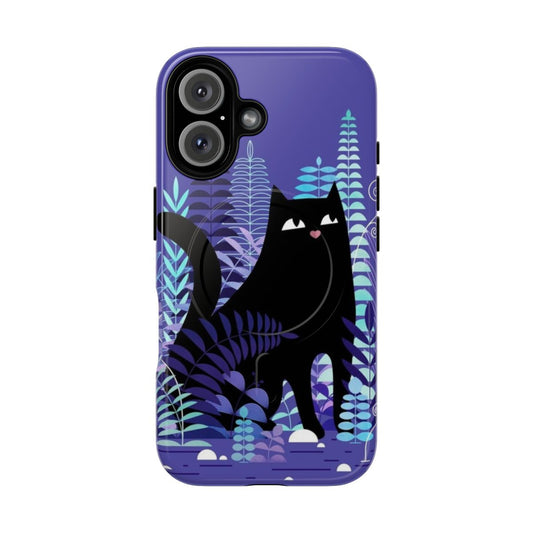 A stylish black cat and fern phone case for nature enthusiasts