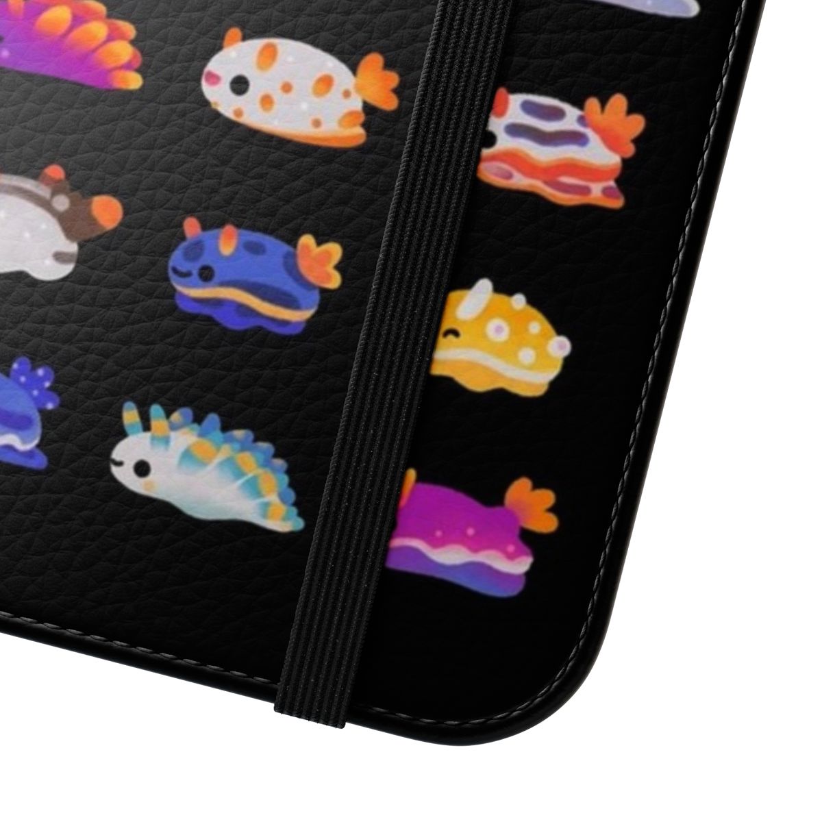 Colorful flip cover phone case featuring a vibrant sea slug or nudibranch marine creature design - Close Up