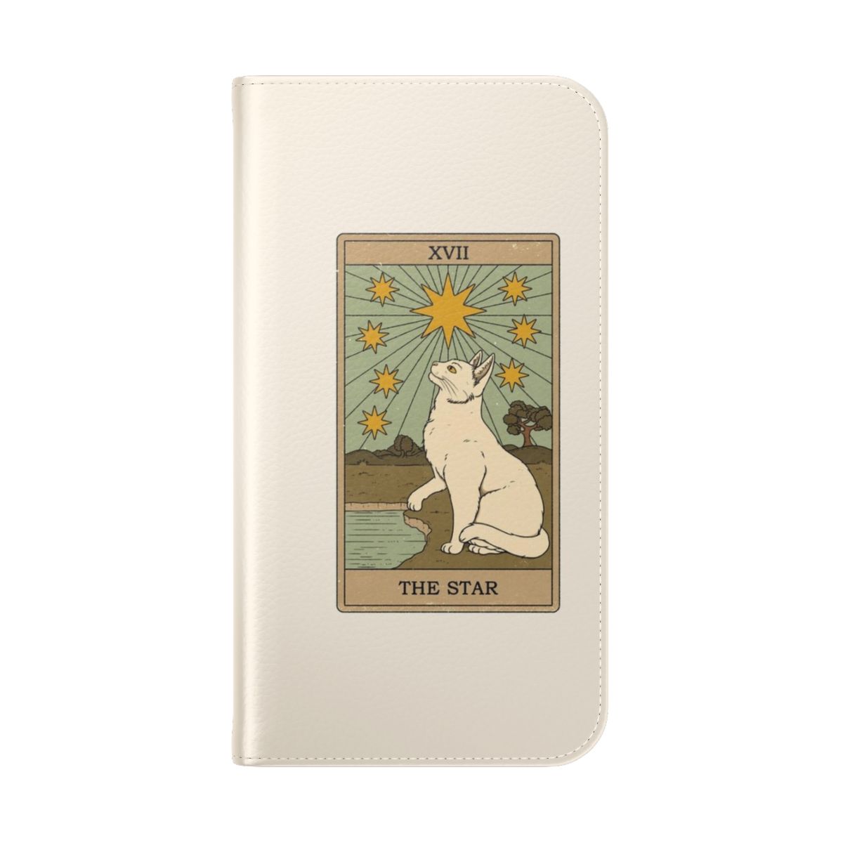 A flip cover phone case featuring a star design and cute cat imagery - Folded Back