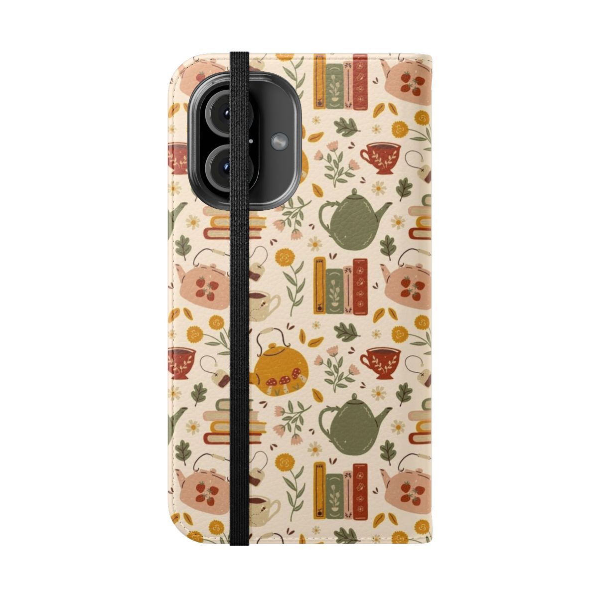 Whimsical floral phone case with a vintage-inspired books and tea design - Folded Front