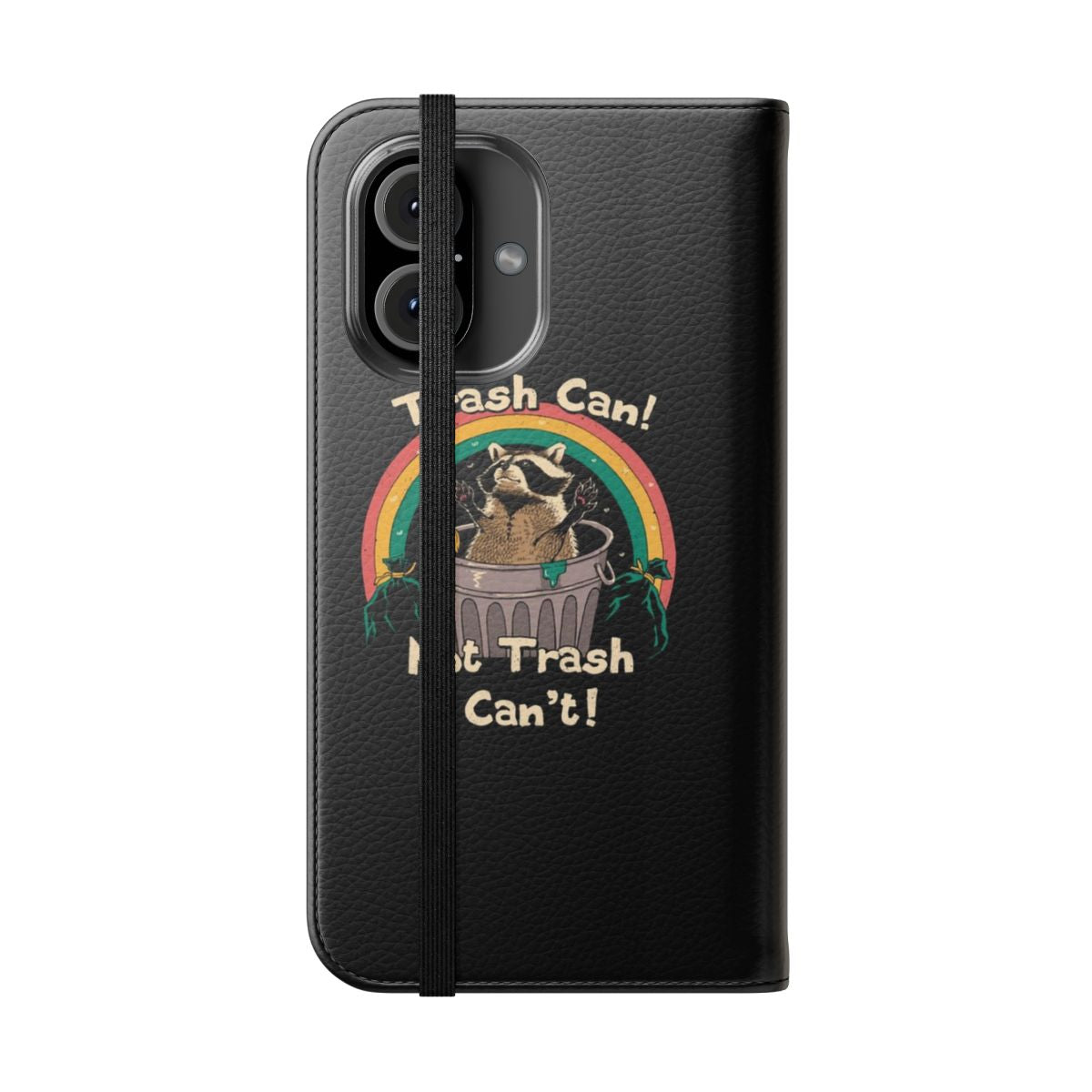 Retro-style flip phone case featuring a playful raccoon or "trash panda" design - Folded Front