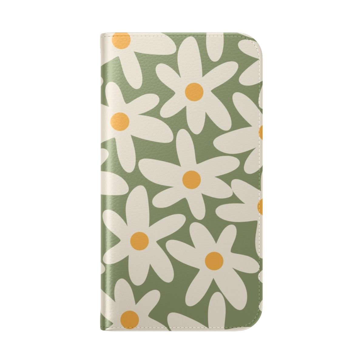 Sage green flip cover phone case with a retro daisy flower pattern - Folded Back