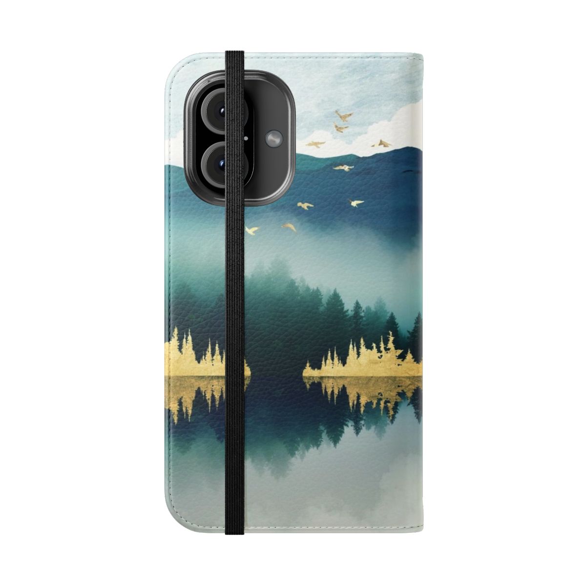 Closeup of a mist reflection phone case with a serene landscape design. - Folded Front