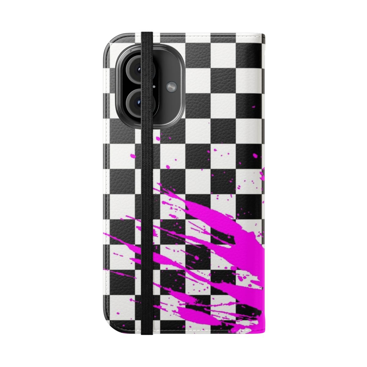 Kokichi-themed flip cover phone case with a check pattern design - Folded Front