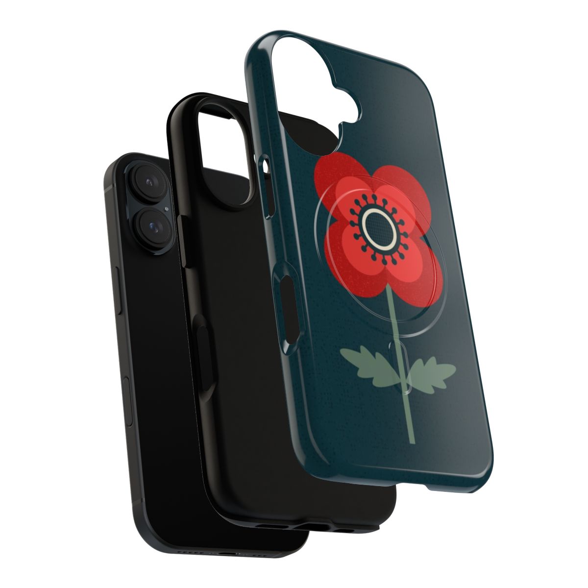 Vintage red poppy flowers on a forest green background, creating a retro floral pattern for a durable phone case. - Layers