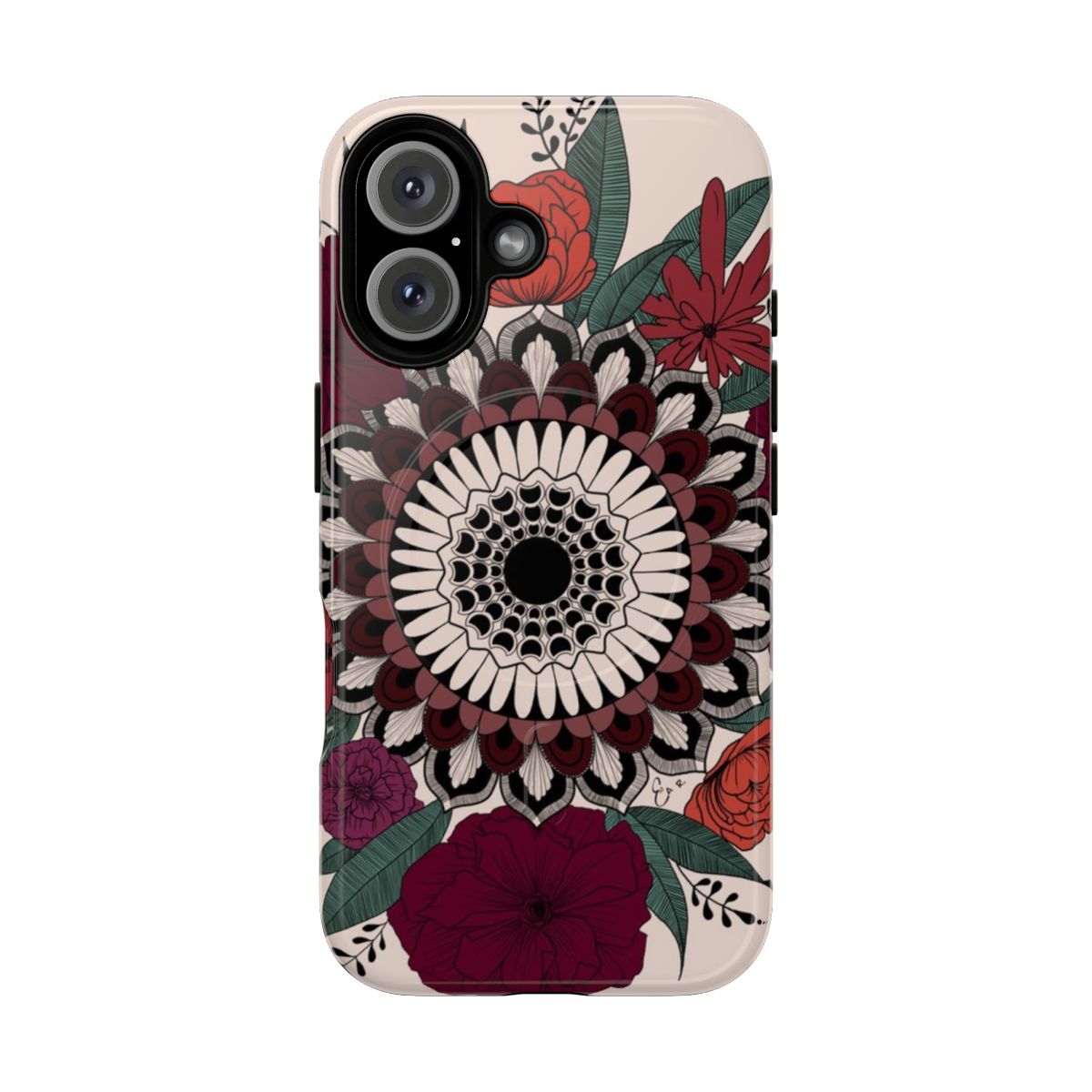 Floral mandala pattern phone case with leaves and nature-inspired colors