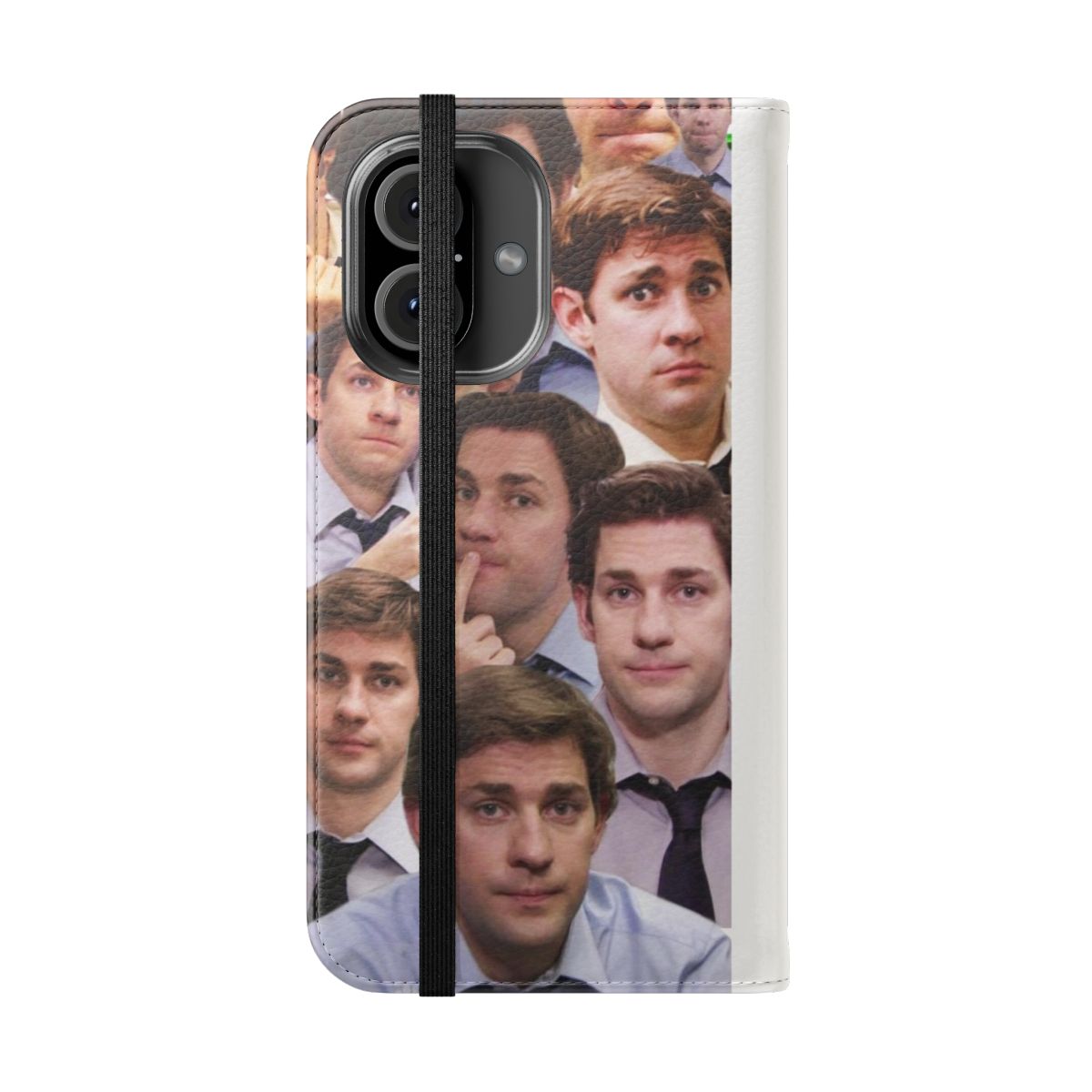 A phone case featuring a collage design of Jim Halpert from the TV show The Office. - Folded Front