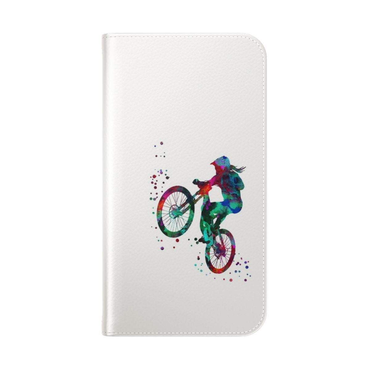 Flip cover phone case with a vibrant watercolor mountain biking design - Folded Back