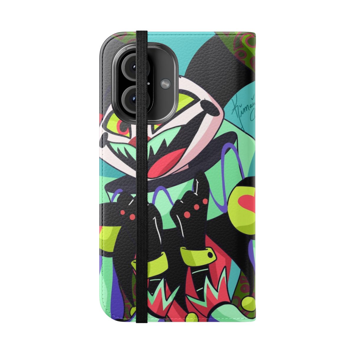 Fizzarolli-inspired flip cover phone case with a vibrant, colorful design for Helluva Boss fans - Folded Front