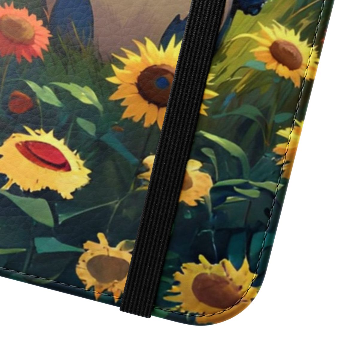 Artwork of Totoro surrounded by a field of sunflowers with a starry night sky background, featured on a flip cover phone case. - Close Up