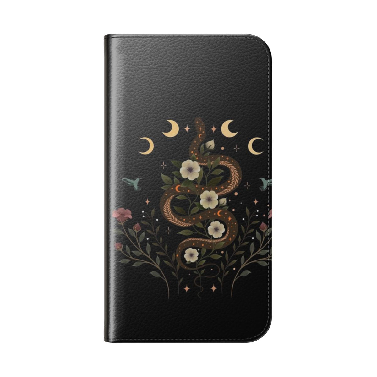 Enchanting flip phone case with a botanical serpent design, featuring a moonlit garden scene. - Folded Back