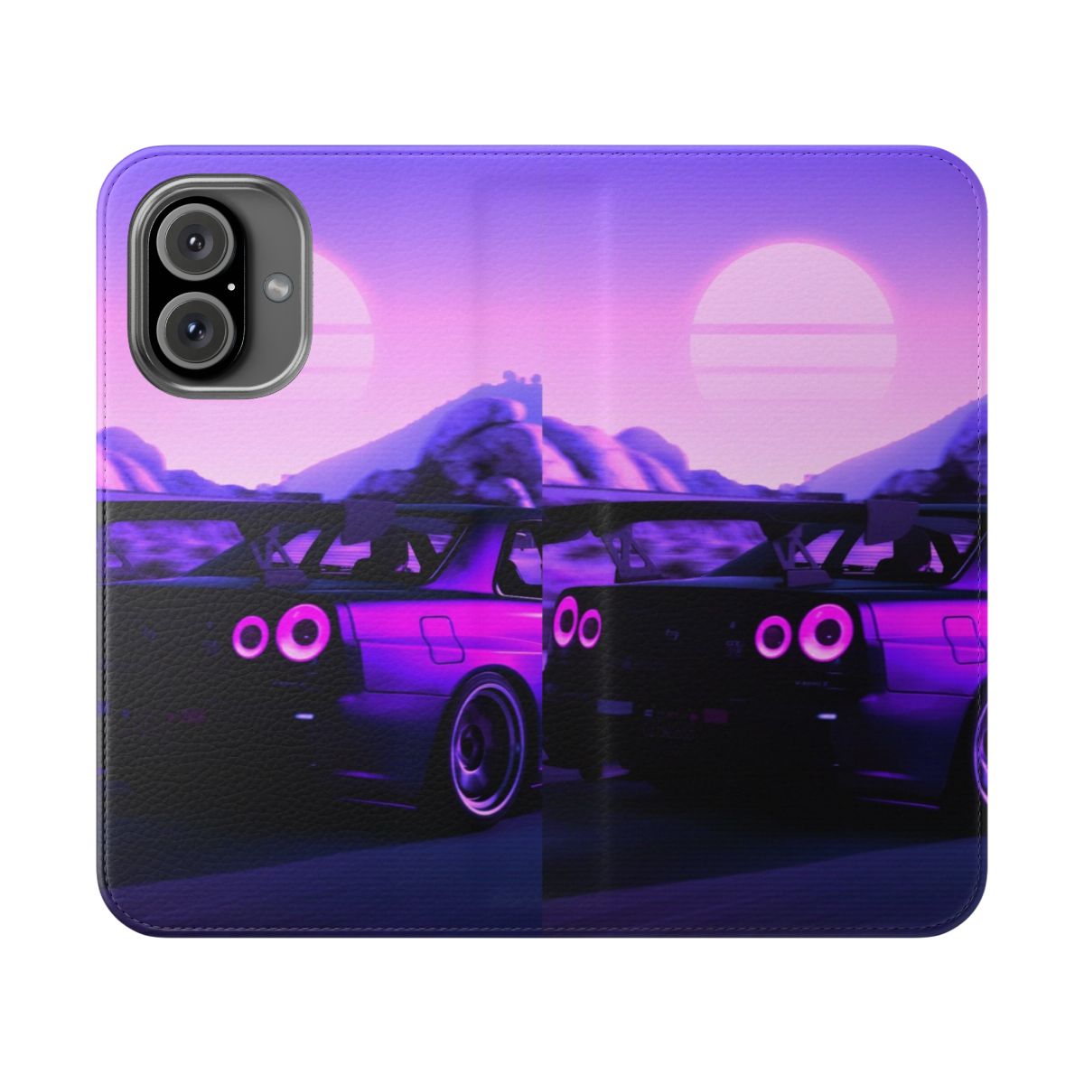 Sleek and stylish flip phone case featuring the iconic Nissan Skyline GTR R34 against a vibrant retro sunset background.