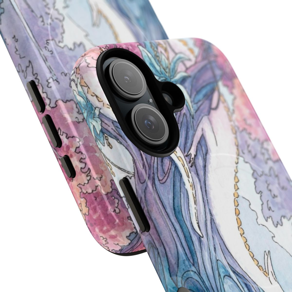 A colorful phone case featuring a fantasy illustration of a fox dragon in a pastel landscape. - Detail