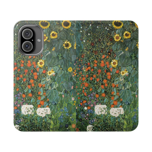 Flip cover phone case featuring a vibrant sunflower design inspired by the artwork of Gustav Klimt