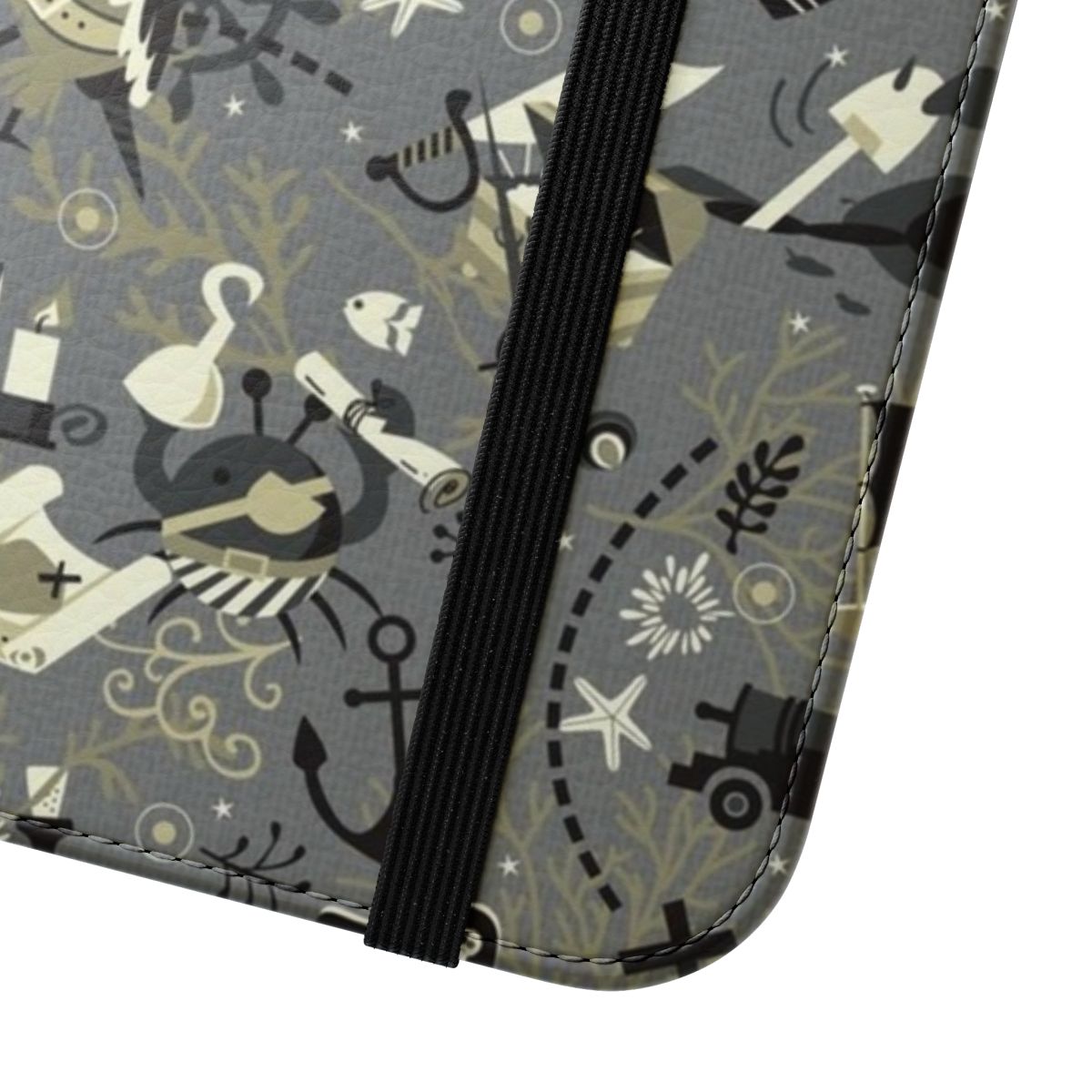 A black and white flip phone case with a treasure map, pirate-themed elements, and sea creatures like a crab, starfish, octopus, and parrot. - Close Up