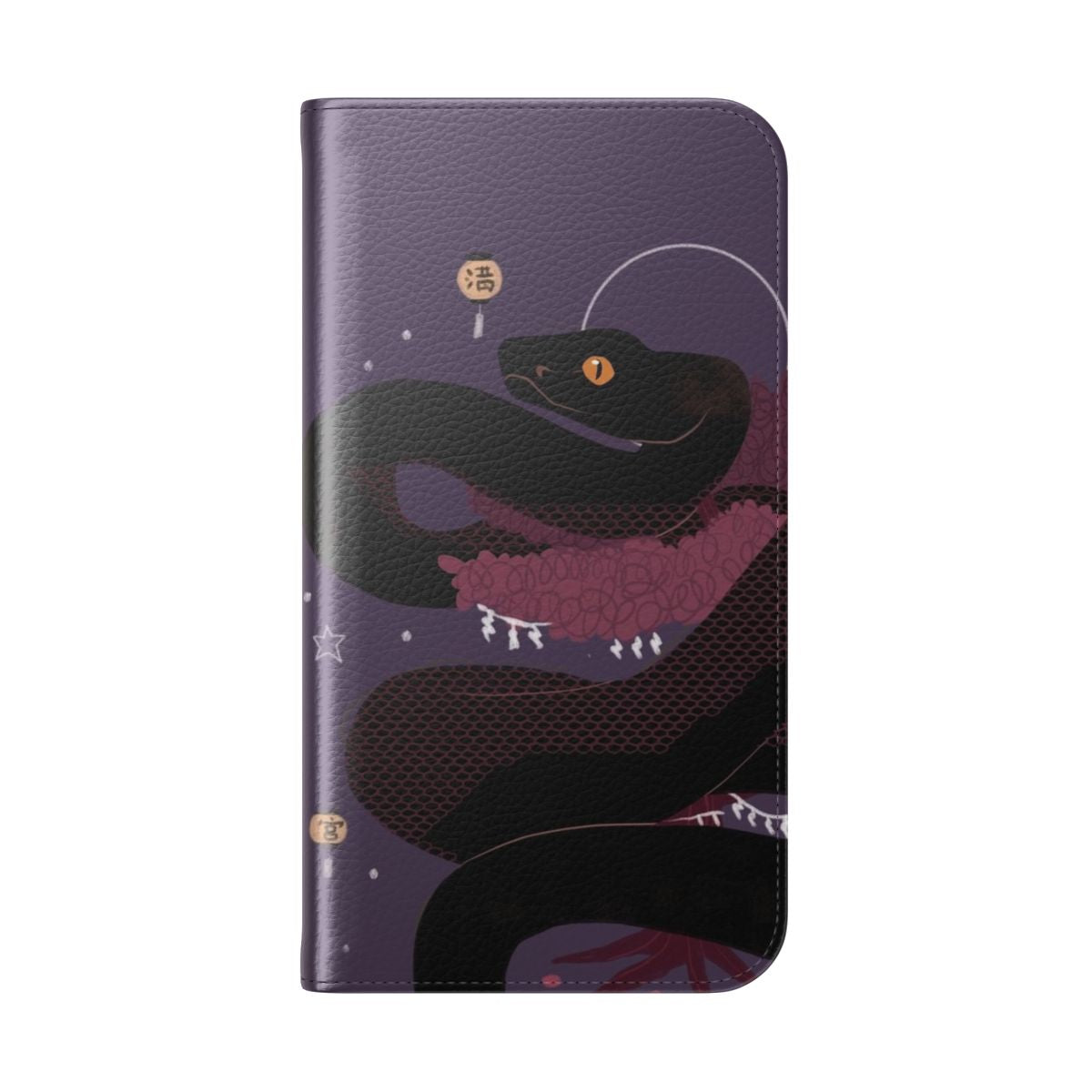 Tokara Habu snake inspired flip cover phone case with spooky, mystical design - Folded Back