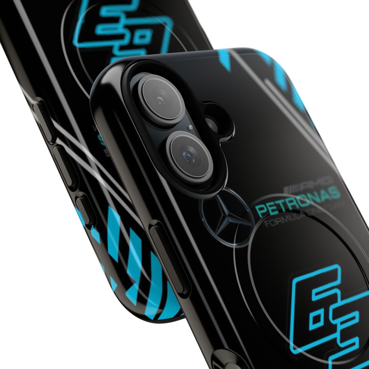 Black phone case with magnetic attachment featuring the Mercedes AMG Petronas Formula 1 team logo - Detail