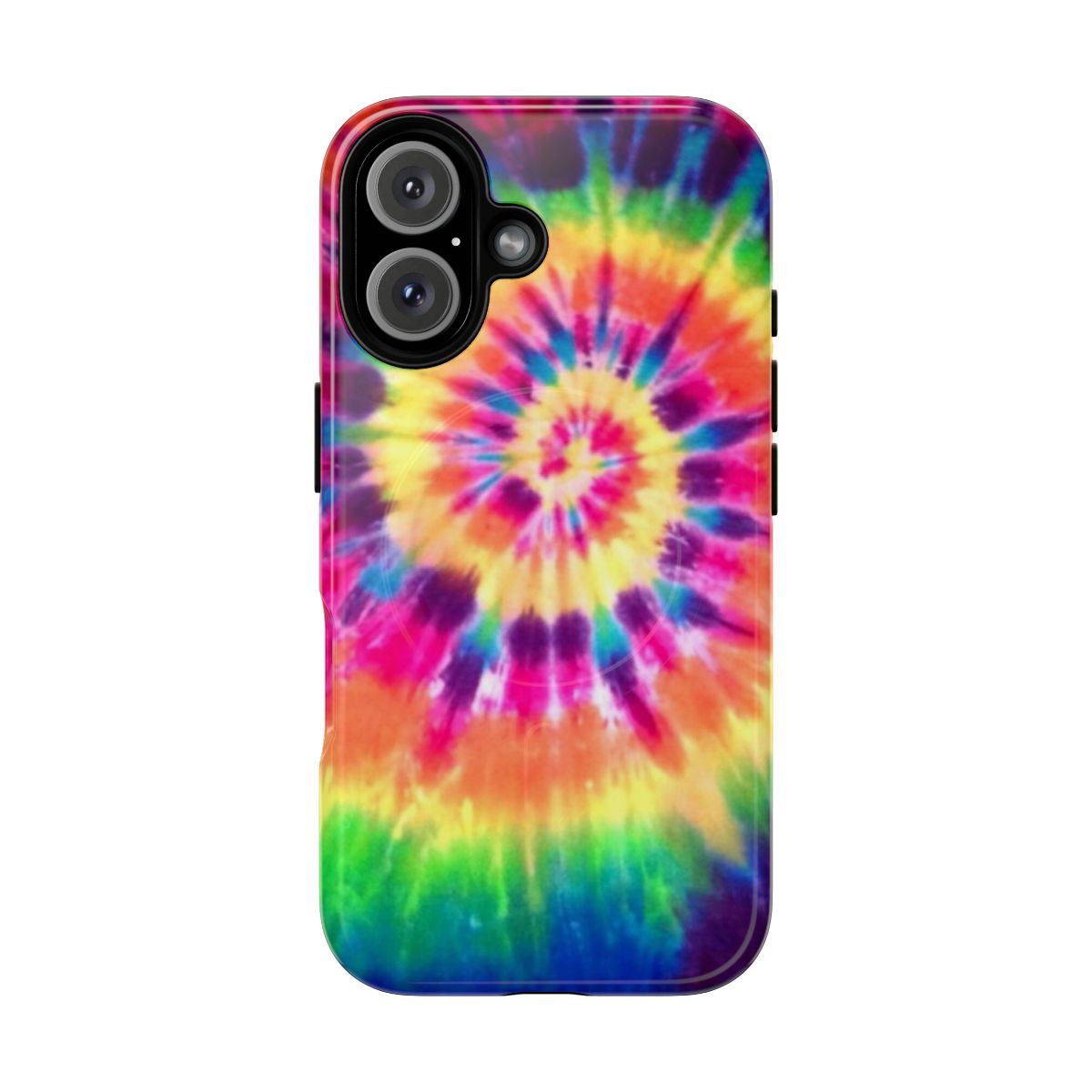 Colorful tie-dye pattern on a durable, magnetic phone case