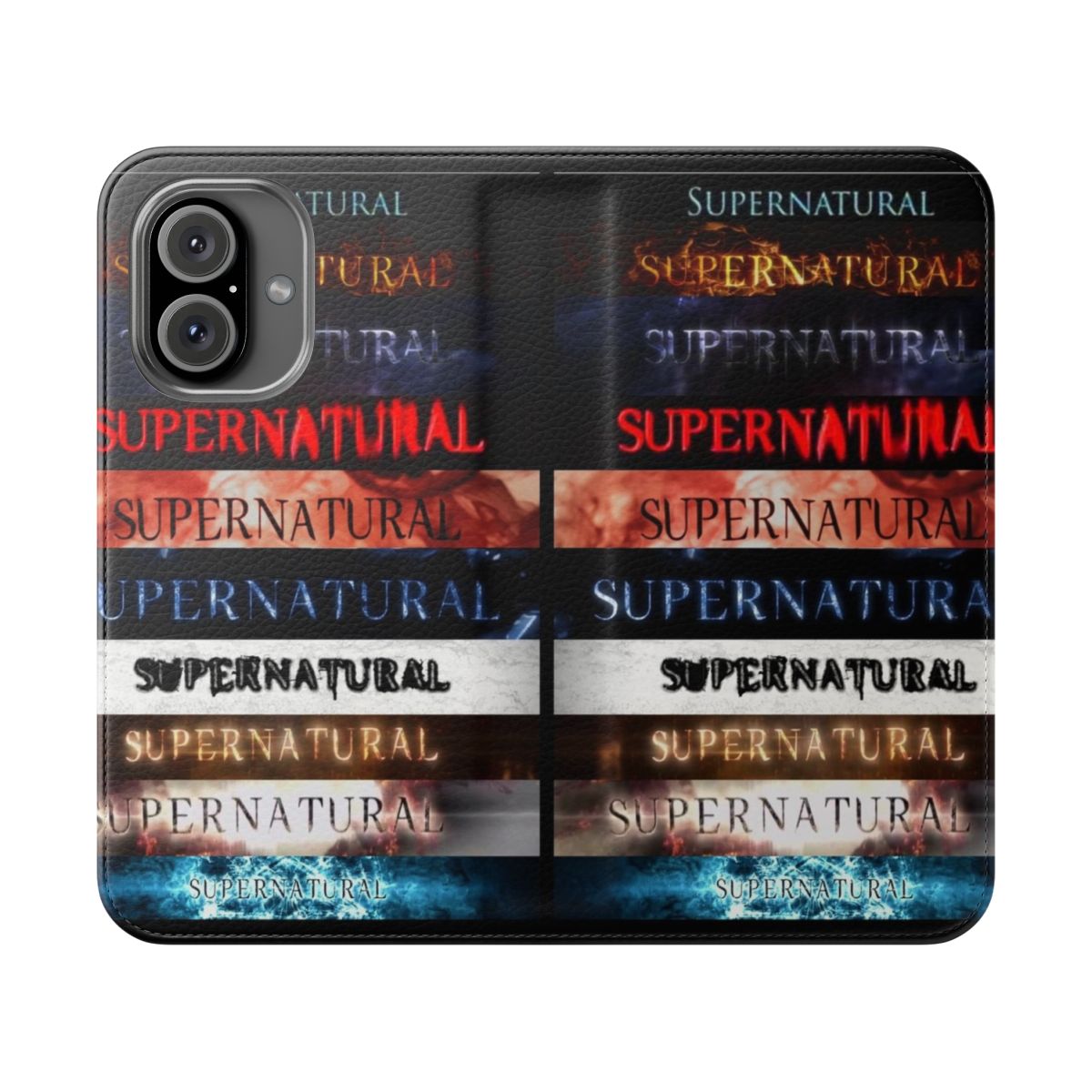 Flip cover phone case featuring the Supernatural TV show logo and character names