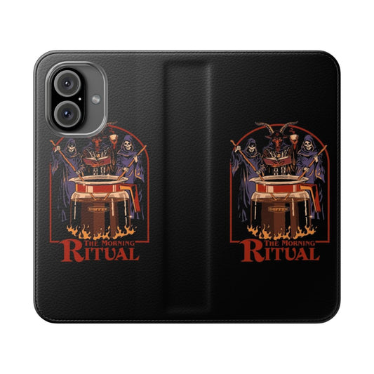 Retro vintage horror coffee phone case with grim reaper, baphomet, and demon graphics