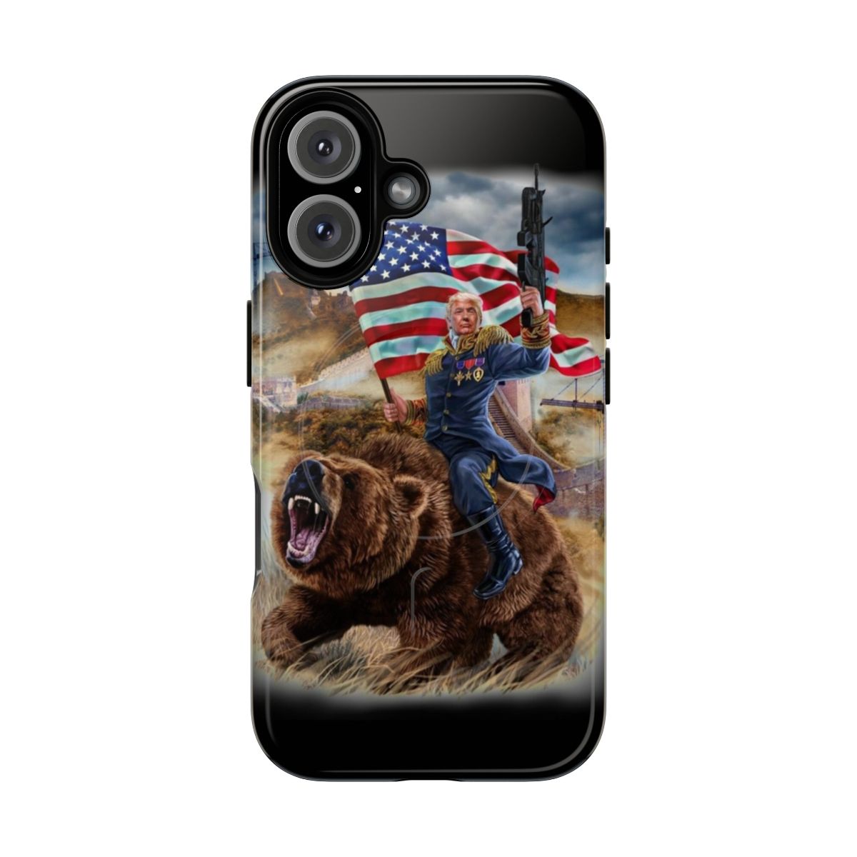 Magnetic tough phone case featuring a Donald Trump and USA-inspired design