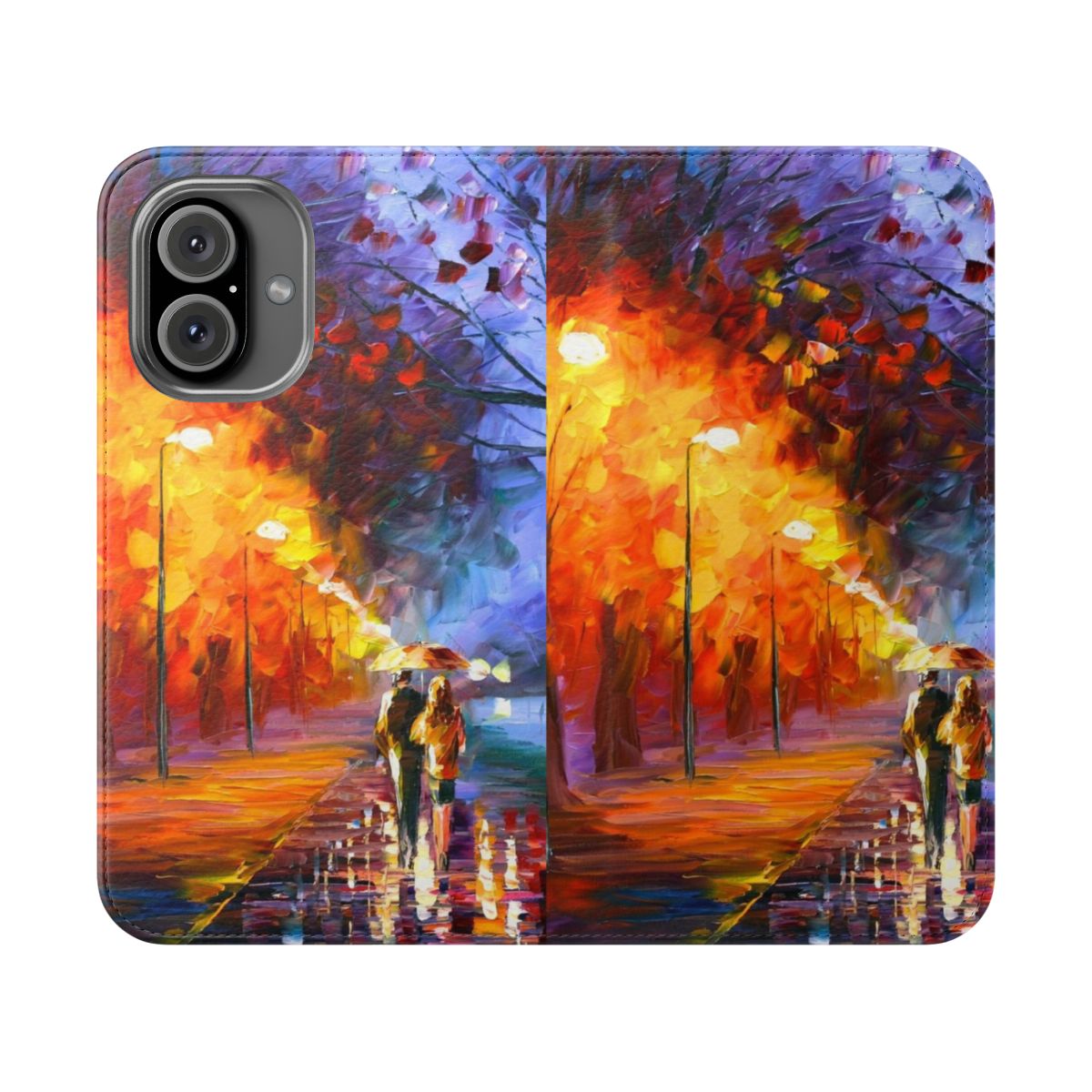 Vibrant landscape phone case with colorful Afremov-style artwork depicting a foggy forest scene