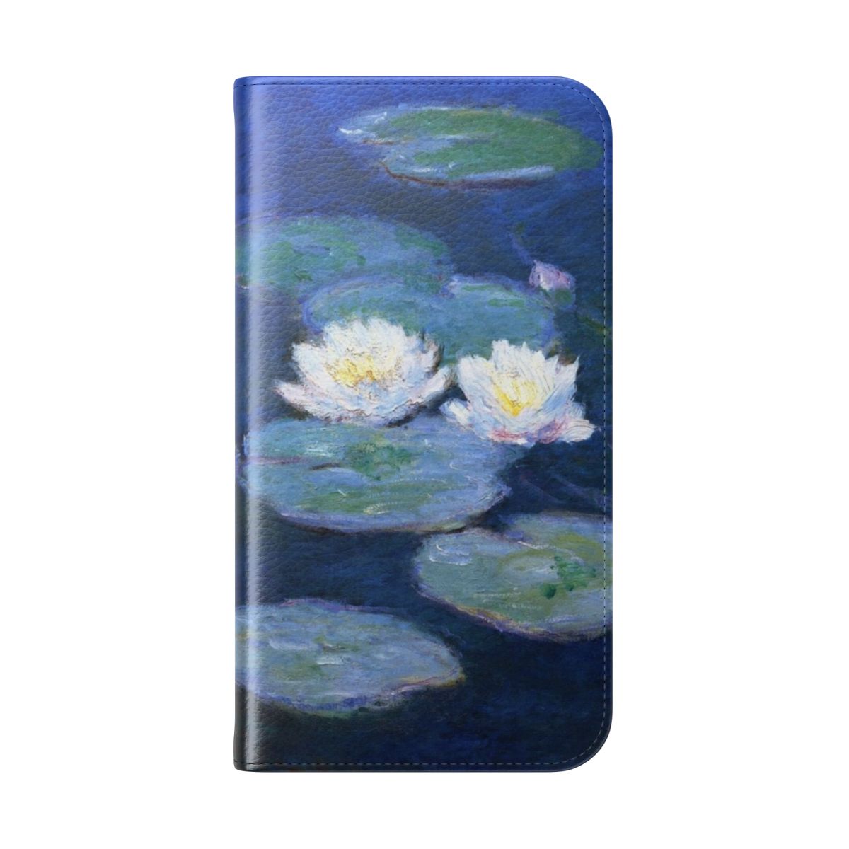 Flip phone case featuring impressionist painting of water lilies in a pond by Claude Monet - Folded Back