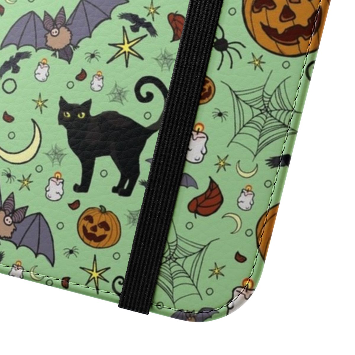 A black flip phone case with a cute and creepy Halloween-themed pattern - Close Up