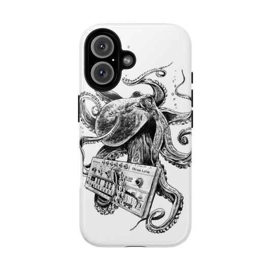 A phone case with an illustration of a kraken or octopus-like creature near an analog synthesizer