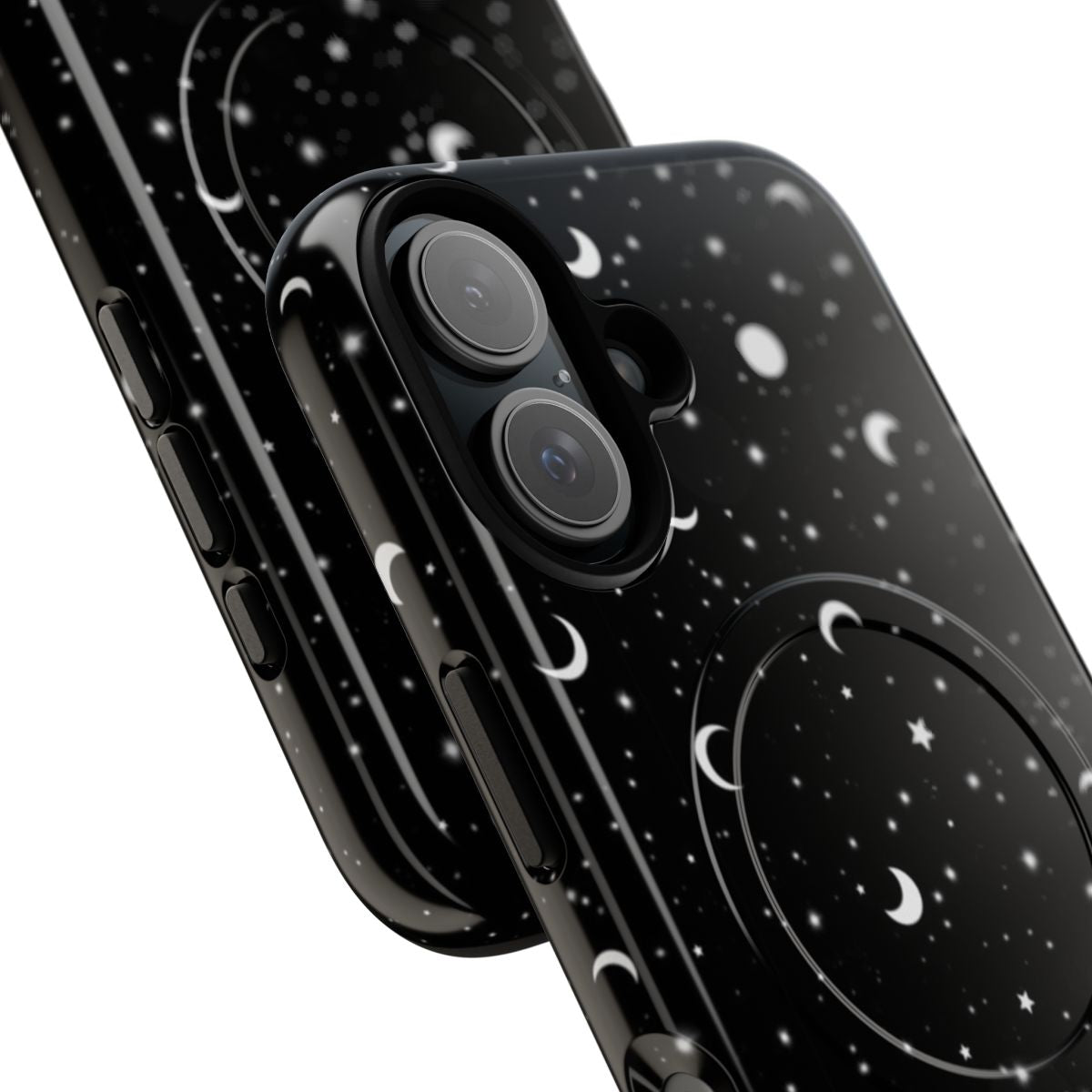 A stylish black phone case featuring a galaxy, space, and celestial pattern design. - Detail