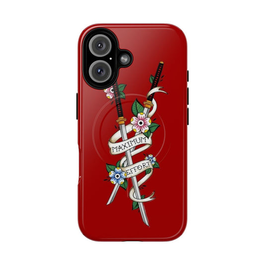 Magnetic tough phone cases with a maximum effort design, featuring katanas, swords, comics, and more.