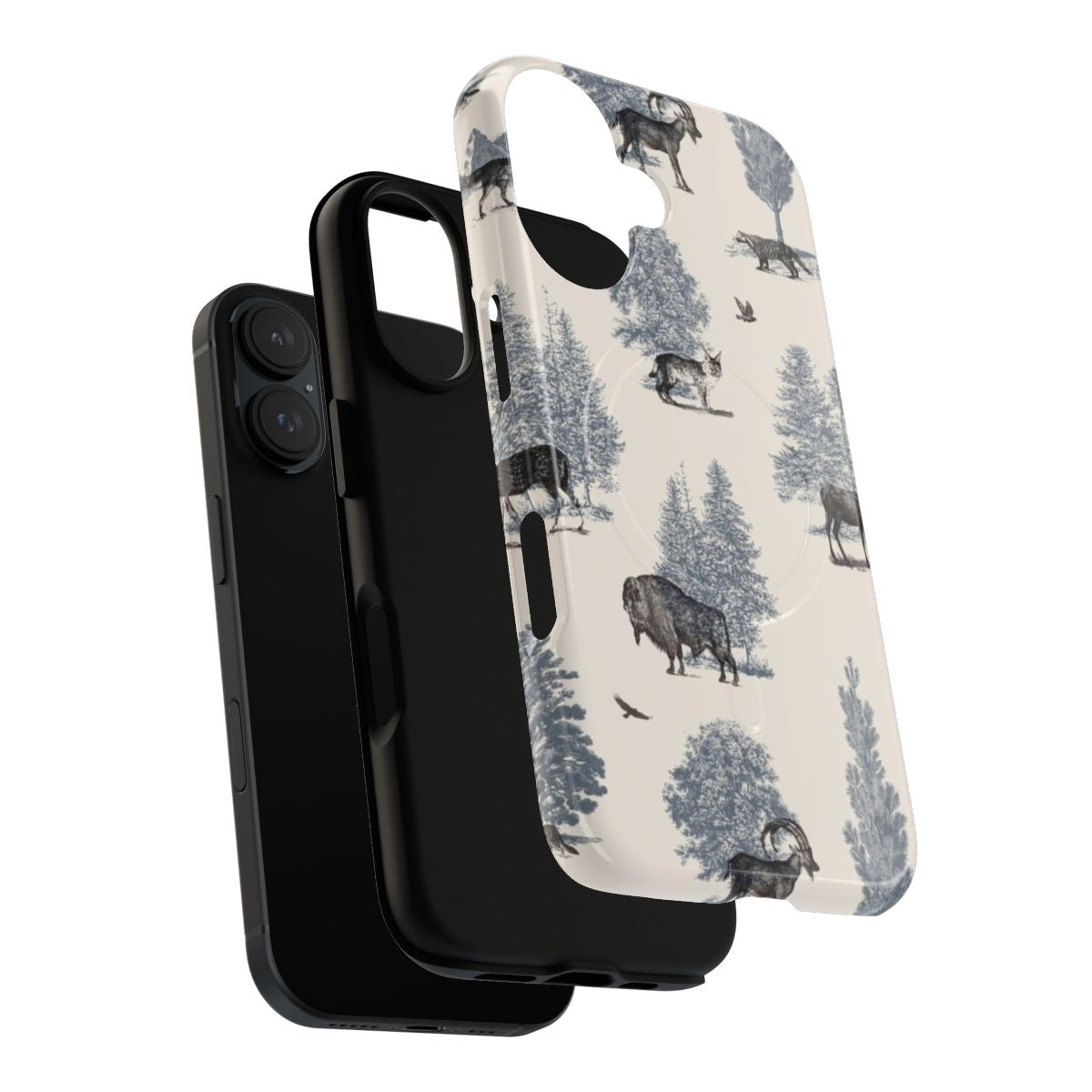 A collage of winter-themed wildlife illustrations including a fox, goat, bear, and other forest animals on a phone case. - Layers