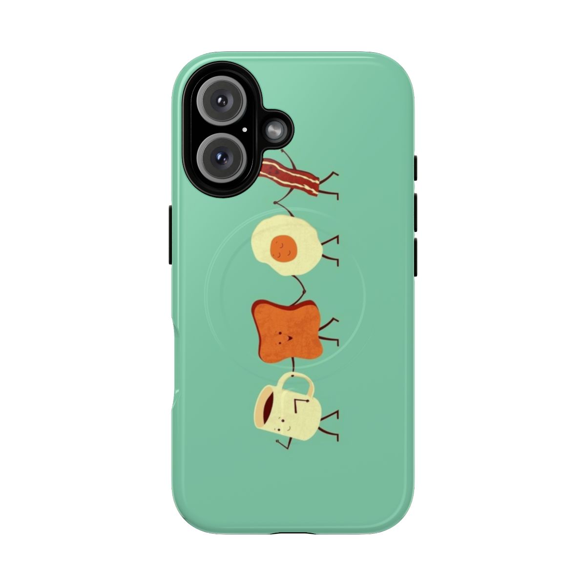 Magnetic tough phone case with a playful breakfast-themed design, featuring toast, bacon, coffee, and eggs.