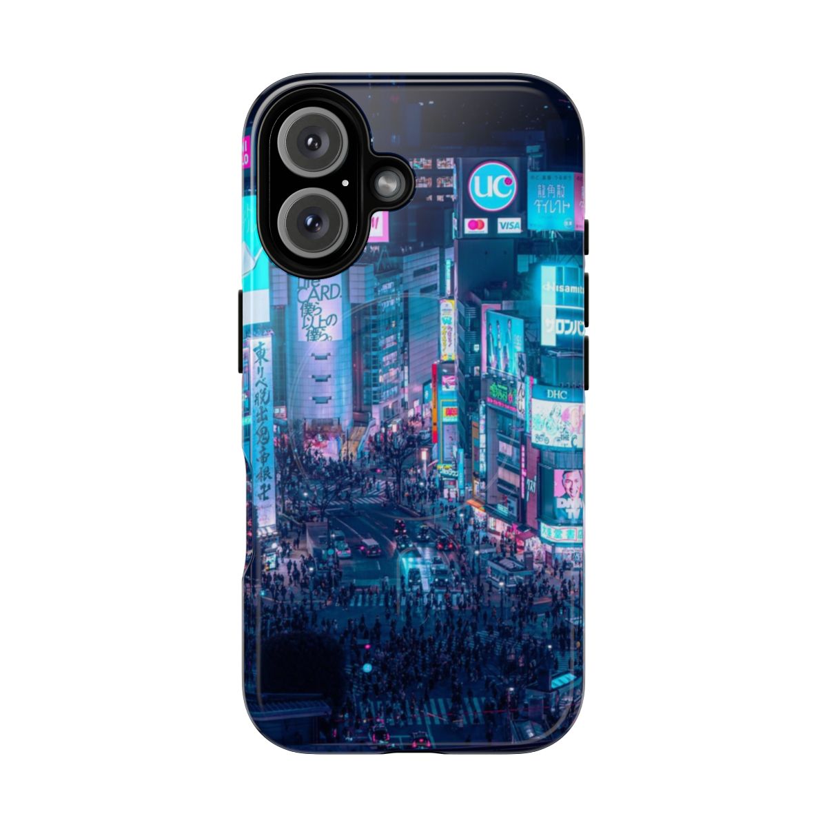 Tough magnetic phone case featuring a gritty, cyberpunk-inspired street scene in Tokyo.