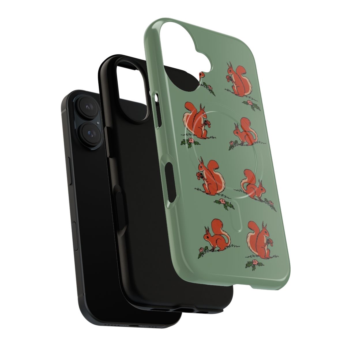 A magnetic phone case featuring a vibrant illustration of playful squirrels in a lush, floral forest setting. - Layers