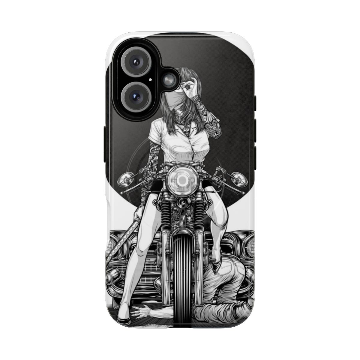 Magnetic tough phone case with bold, grunge design featuring manga, comic, and biker themes