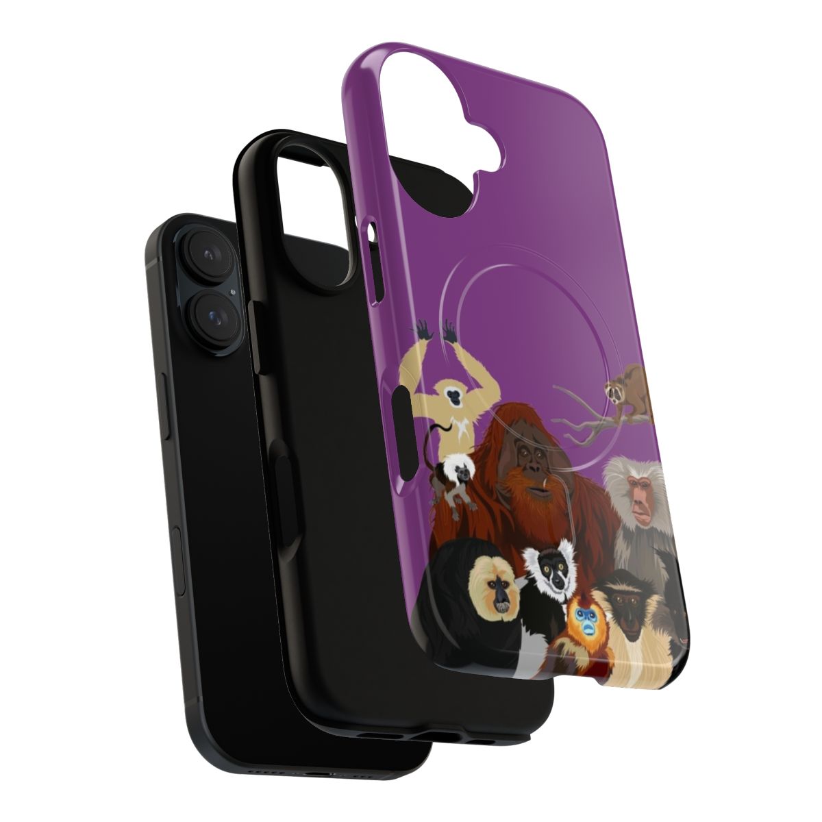 Colorful and durable phone case featuring a variety of primate species like apes, monkeys, and lemurs. - Layers