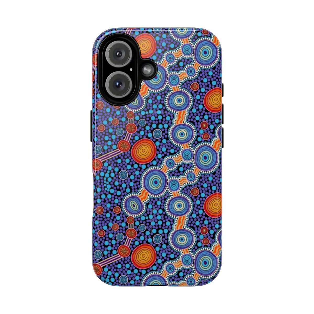 Authentic Aboriginal dot art design on a magnetic, tough phone case in blue