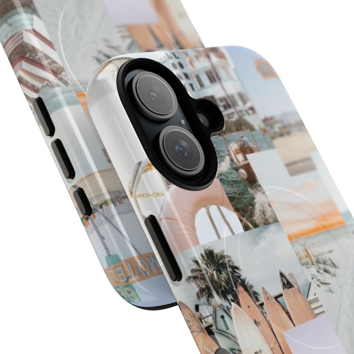 A colorful magnetic phone case with a beach collage design, perfect for girls and teens - Detail