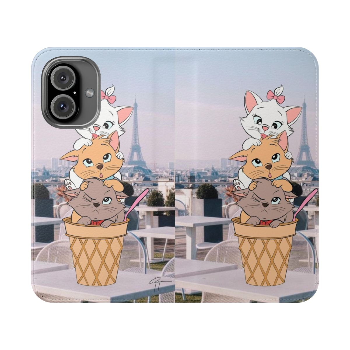 A phone case featuring the beloved Disney characters Marie, Toulouse, and Berlioz from the Aristocats, set against the backdrop of Paris.