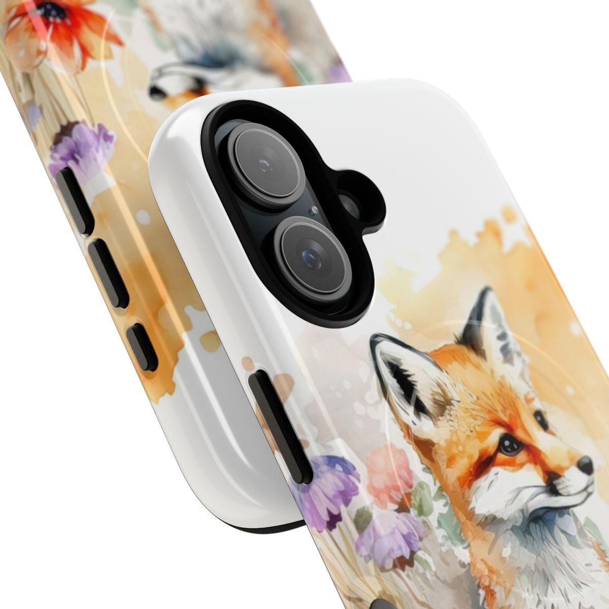 Realistic watercolor painting of a cute baby fox sitting amongst colorful flowers on a magnetic tough phone case - Detail