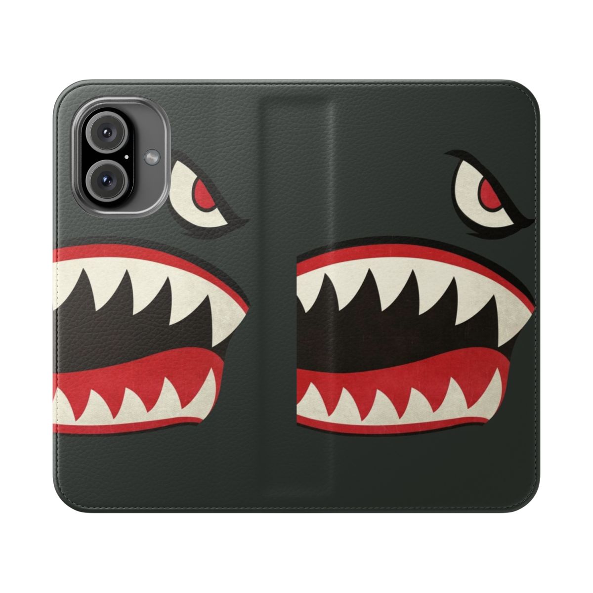 Vintage-inspired phone case featuring the iconic Flying Tigers shark nose art design on a P-40 Warhawk aircraft.