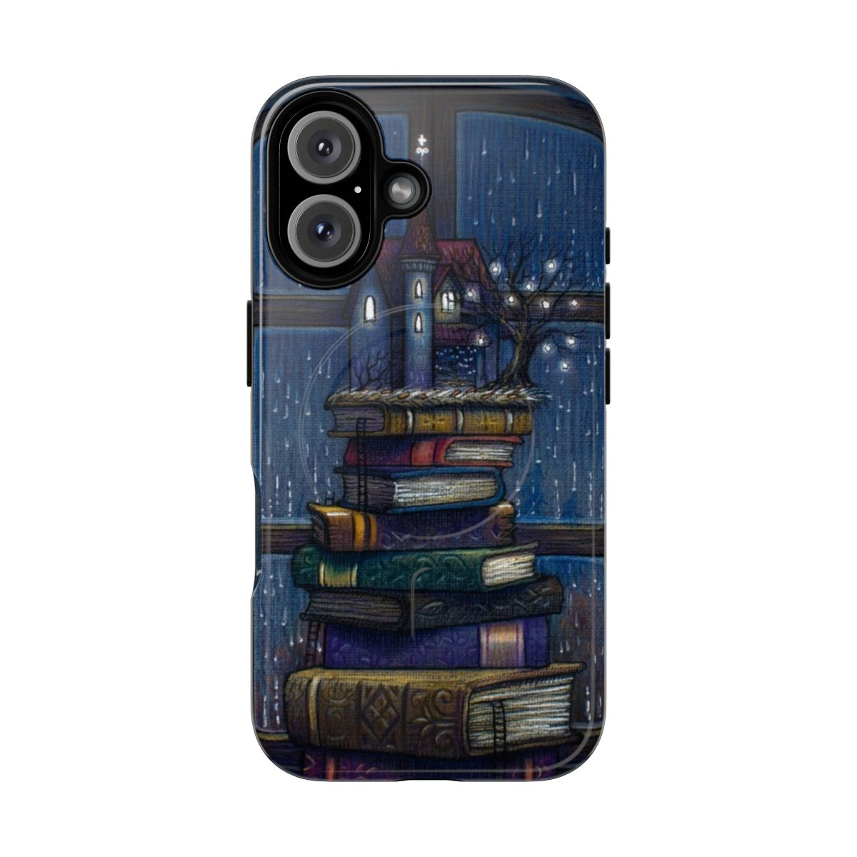 A phone case with an illustrated design featuring a tree house, books, and other nature elements.