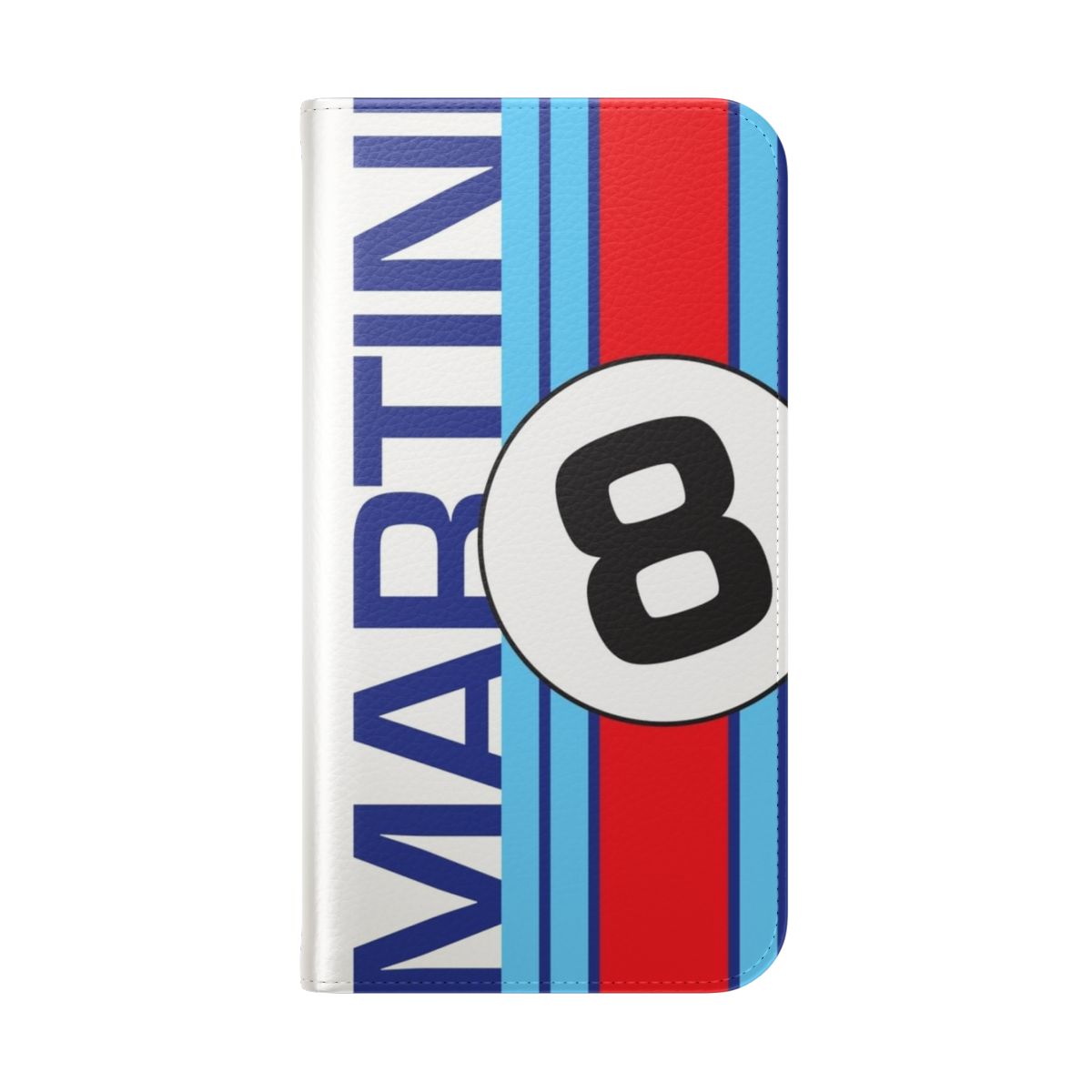 Stylish vintage racing-inspired flip phone case with Martini-style stripes - Folded Back