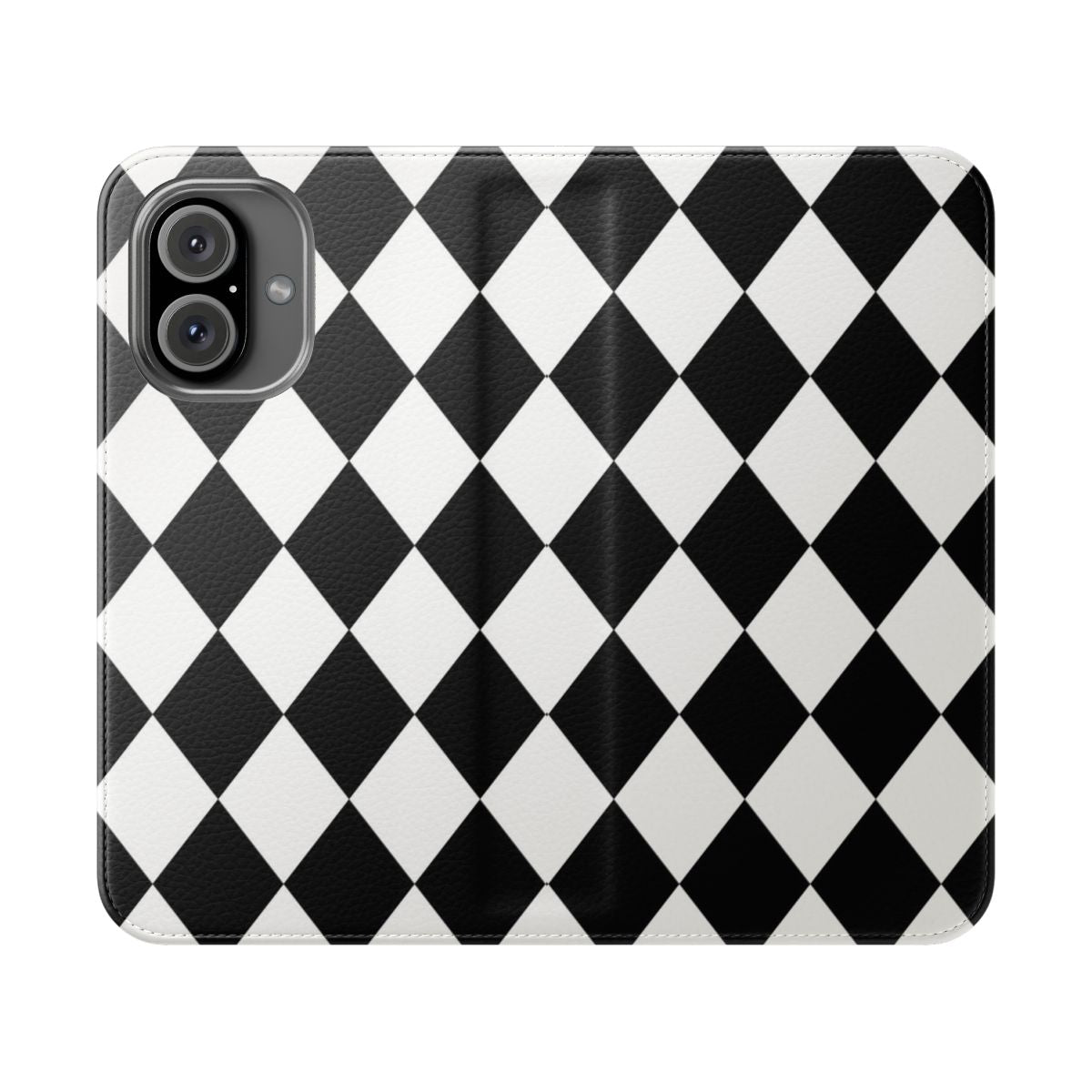 Harlequin pattern phone case in black and white with a repeating diamond or lozenge design