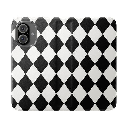 Harlequin pattern phone case in black and white with a repeating diamond or lozenge design