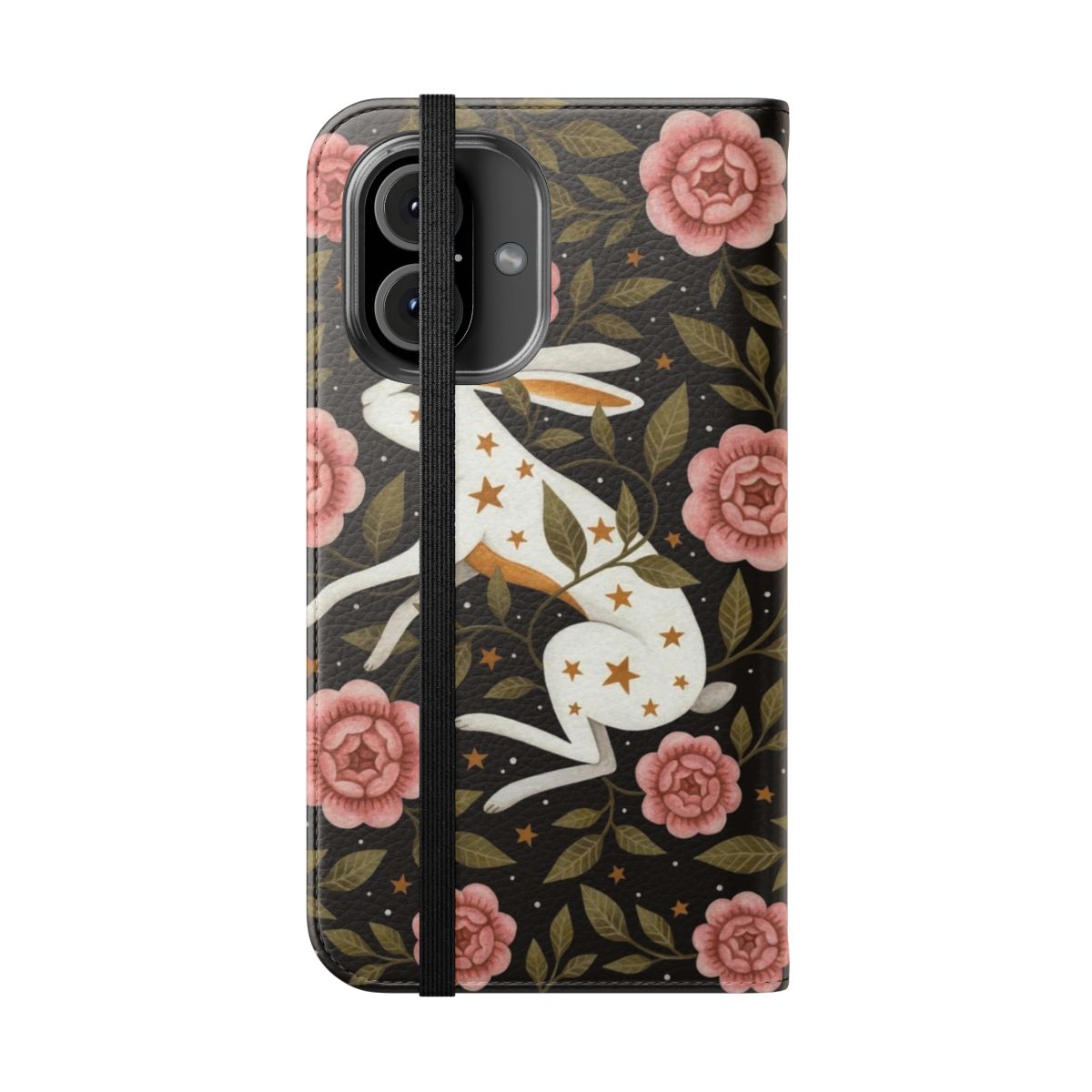 Enchanted whimsical phone case with rabbit, flowers, and starry designs - Folded Front