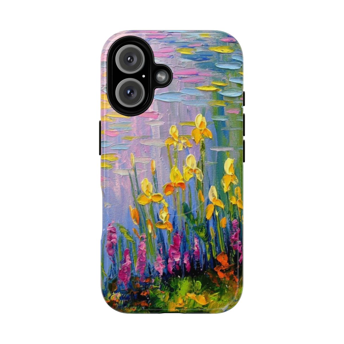 Vibrant floral phone case featuring a peaceful pond scene