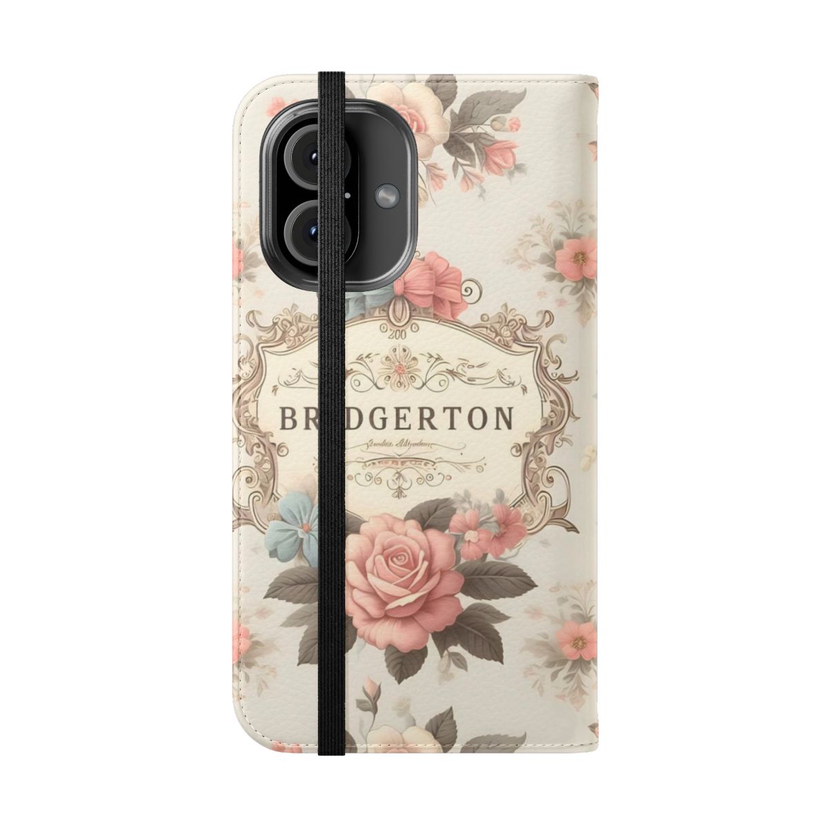 Pastel Bridgerton-inspired flip cover phone case featuring whimsical floral and satin bow design - Folded Front